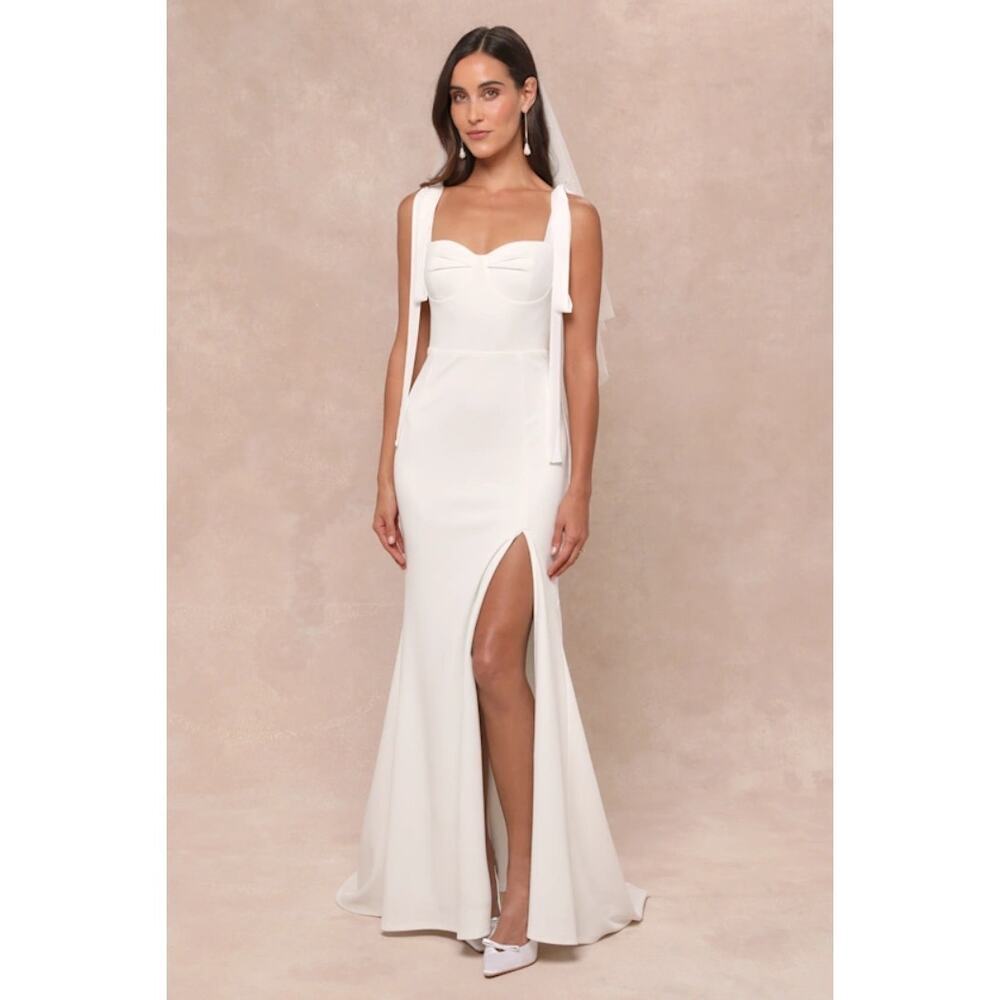 NWT Lulus Splendid Love White Bustier Tie-Strap Mermaid Maxi Dress Trail Size S